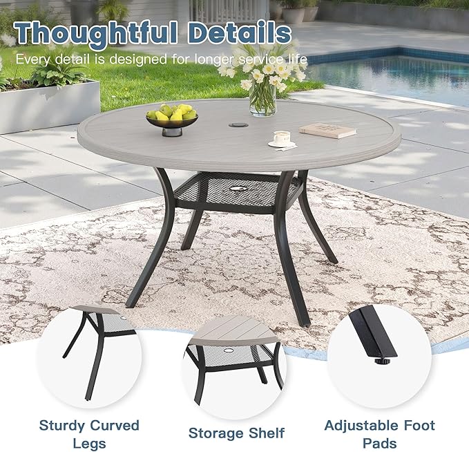 DIFY Outdoor Dining Set for 4, 5 Piece Patio Table and Chairs Set, Swivel Patio Chairs with Sandshell Textilene & 47.2" Grey Wood-Like Round Metal Dining Table with Umbrella Hole, for Garden Backyard