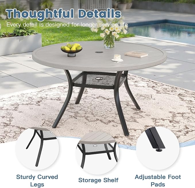 DIFY 5 Pieces Outdoor Dining Set for 4, 47.2" Grey Wood-Like Round Metal Table with Umbrella Hole and Sandshell Textilene Swivel Patio Chairs, Patio Table and Chairs Set for Garden, Backyard, Poolside