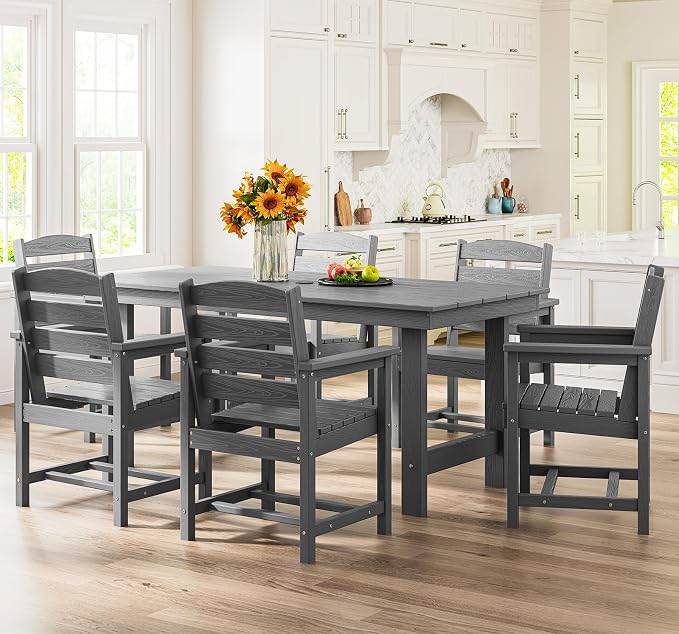 SERWALL 7 Pcs Outdoor Dining Set, 1 Umbrella Hole Table & 6 Chairs, Gray | HDPE Outdoor Dining Furniture with Rectangular Table & 6 Chairs, All-Weather Resistant SERWALL Dining Set for 6