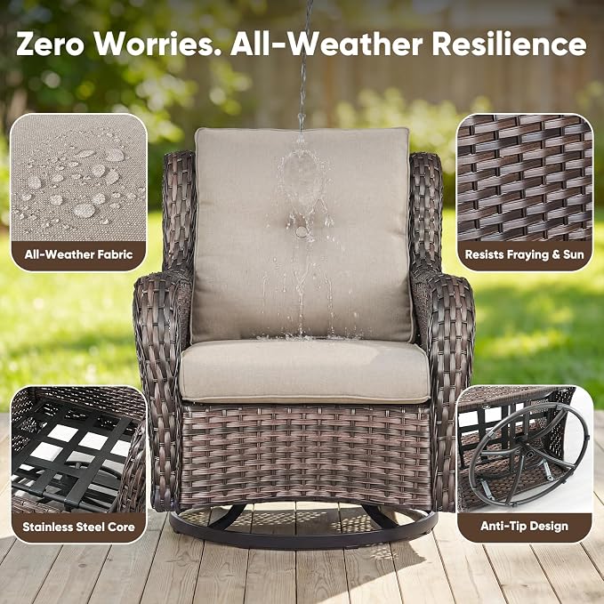 Belord Patio Furniture Set 6 Seats, Outdoor Swivel Rocker Patio Chairs, Oversized Outdoor Sectional Couch, Two 3-Seater Sofas with Coffee Table, Ideal for Porch, Deck, Brown Wicker/Beige