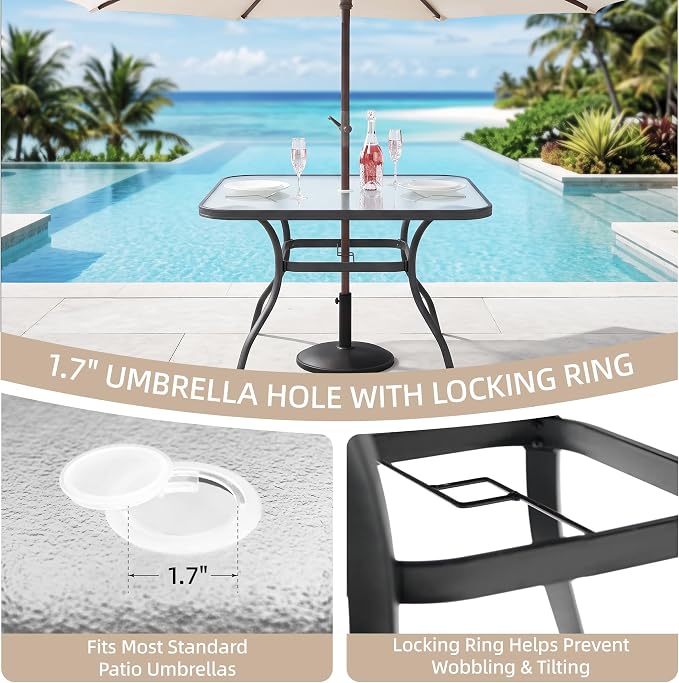 Anmutig 5-Piece Outdoor Patio Dining Set 37-Inch Square Glass Table with 4 Stackable Chairs for Lawn Backyard and Deck, Black