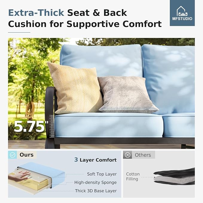 MFSTUDIO 5 Pieces Patio Conversation Sets,Outdoor Metal Furniture Sofas with 1 x 3-Seat Sofa, 2 x Swivel Chairs,2 x Ottoman,Wrought Iron Frame with Blue Cushion for Patio Courtyard Balcony