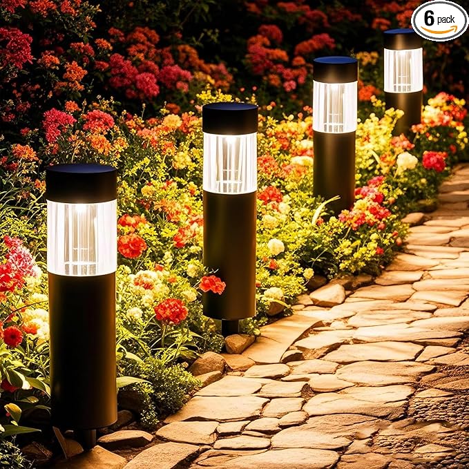 Solar Pathway Lights Outdoor, Dusk to Dawn Garden Lights, 6 Pack | Stainless Steel, IP65 Waterproof, Auto On/Off, Solar Lights for Driveway, Walkway, Backyard, Perimeter Landscape Lighting