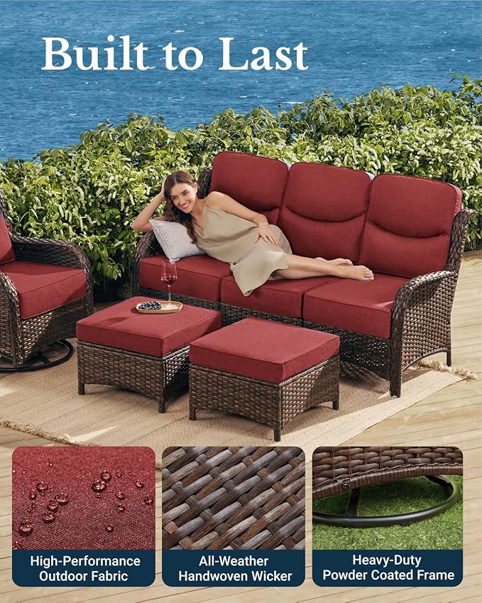 HILLGA Luxury High Back Patio Furniture Set with 6-Inch Thick Cushion, 8-Piece Outdoor Conversation Set with Sofa, Swivel Rocker Chairs & Ottomans, Ideal for Porch Pool Deck Yard (Burgundy)