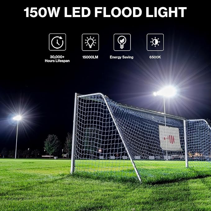 Olafus 2 Pack 150W LED Flood Light Outdoor, 15000LM Super Bright Work Lights Plug in, 6500K, IP66 Waterproof Exterior Floodlight for Stadium Yard Barn