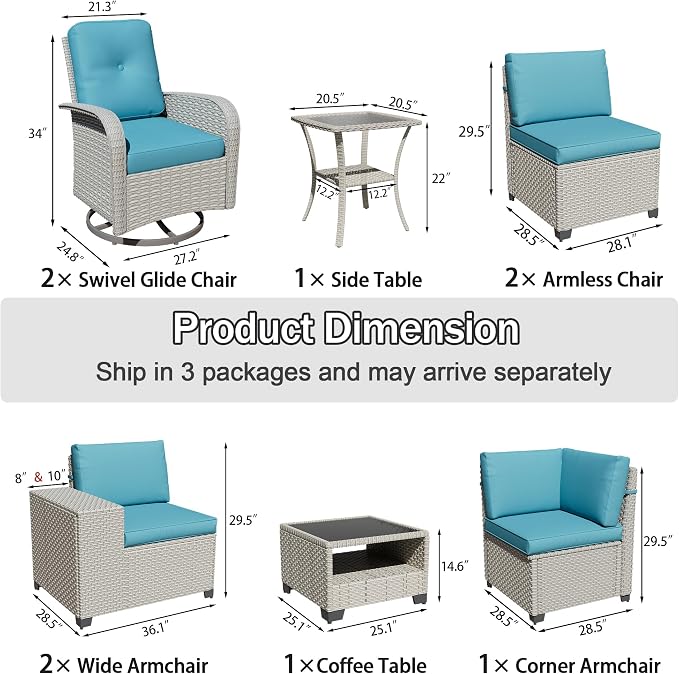 9-Piece Outdoor Patio Furniture Set, Modular Sectional Sofa Set with Swivel Rocker Chairs, Wicker Outdoor Couch Conversation Sets w/Coffee Table and Cushions, Turquoise