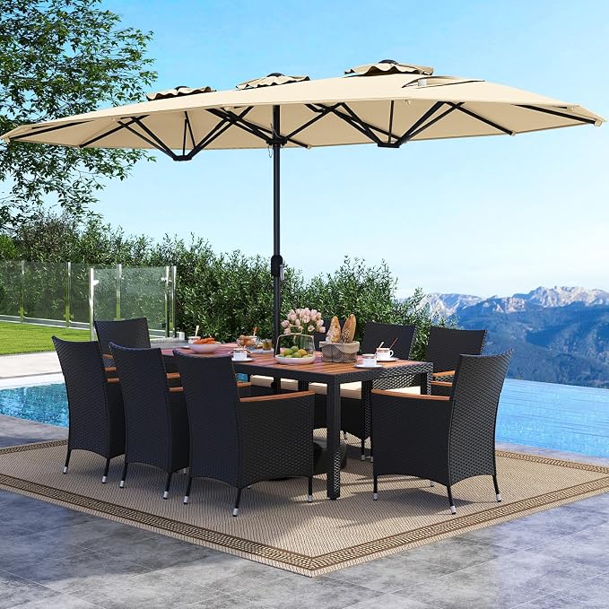 Tangkula 11 Piece Patio Wicker Dining Set w/Double-Sided Patio Umbrella, 8 Stackable Cushioned Chairs, 71" Acacia Wood Dining Table & 15 ft Umbrella with Weighted Base (Beige + Off White)