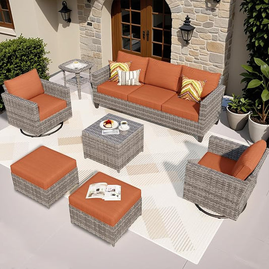 ovios 7 Pieces Patio Furniture Set, Outdoor Wicker Sofa with Rocking Swivel Chairs, Coffee Table, High Back Grey Rattan Conversation Set for Backyard Deck Porch, Orange Red