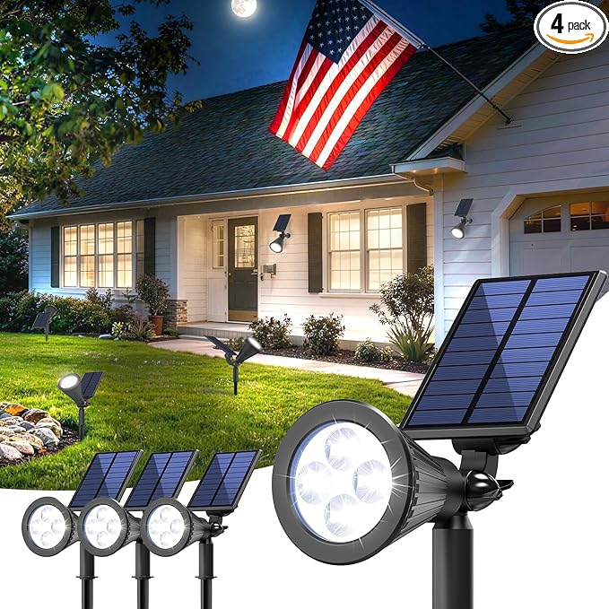 JEJOT 4 Pack Solar Lights Outdoor Waterproof,Cool White Light,2 Lighting Modes,Solar Powered Spotlights for Yard Garden Solar Spot Lights for Flag Landscape Auto On/Off