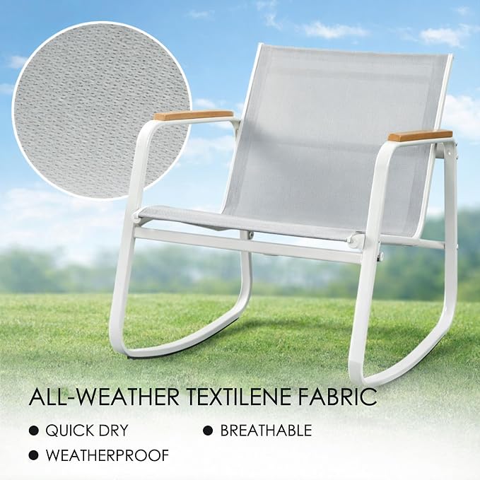 Kozyard 3-Piece Rocking Chair Set, Outdoor Rocking Textilene Bistro Set with Wooden Armrests, Outdoor Conversation Set with Glass Table for Lawn, Porch, Yard, Garden, Balcony, Poolside, White