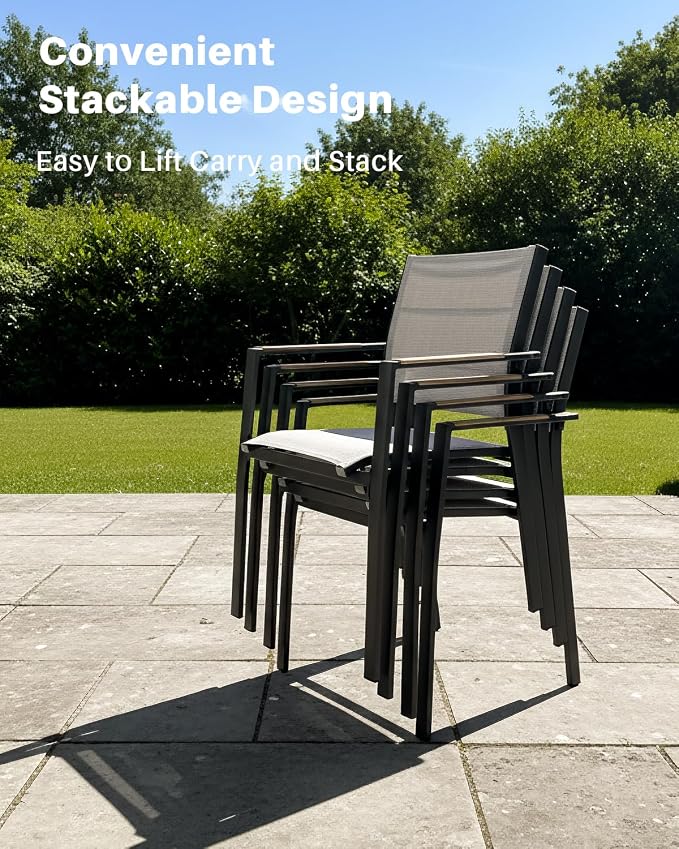 9-Piece Expandable Patio Dining Set, 8 Stackable Double-Layer Textilene Chairs and 63''-83'' Expandable Patio Dining Table, Never-Rust Aluminum Outdoor Dining Table Set for Deck, Indoor, Teak