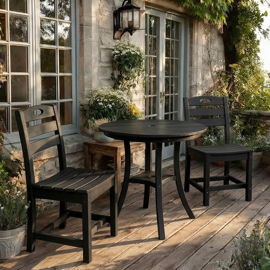 3-Pcs Outdoor Patio Dining Table Set of 3, Outdoor Patio Round 29.72'' Dining Table Bistro Set and Armless Chair for Lawn Garden Backyards, HDPE Material & 1.96'' Umbrella Hole, Black
