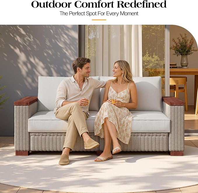PaPaJet Outdoor Loveseat Patio Sofa, Wicker Couch with Solid Armrests & Legs, 4.7" Thick Cushion, UV-Resistant Modular Sofa for Porch, Backyard, Garden