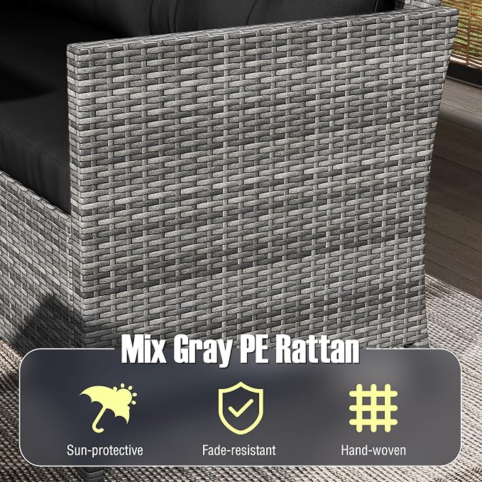 Tangkula 7 Pieces Patio Dining Furniture Set, Outdoor PE Rattan Sectional Sofa Set with Soft Cushions, Ottomans and Tempered Glass Table, Wicker Conversation Set (Mix Gray + Black)