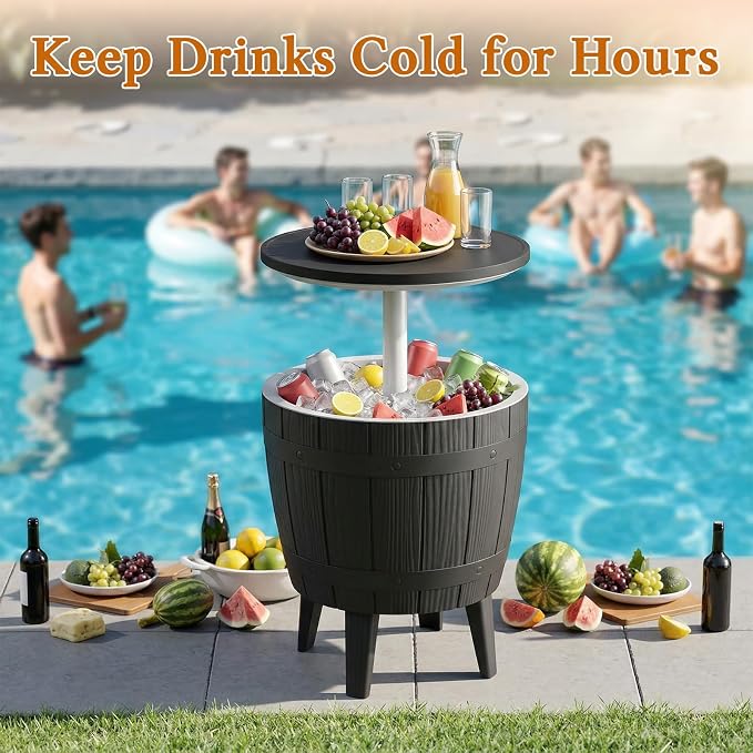 ROJIK 3-in-1 Resin Ice Bucket & Beverage Cooler – Wood Look Patio Table, UV Protection & Drain Plug for Outdoor Parties, Bars, and Poolside Use