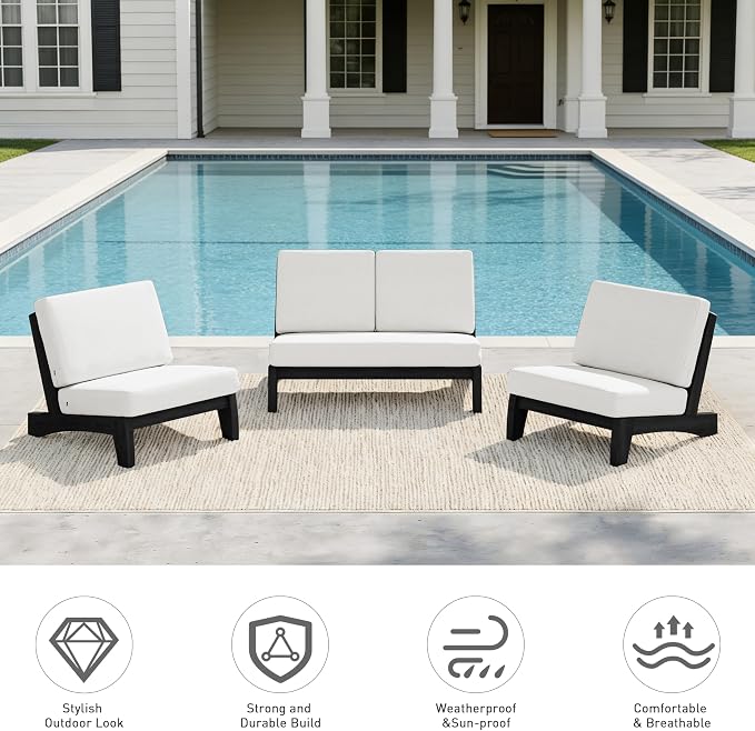Pia Ricoo 4 Piece Patio Furniture Sets, Outdoor Furniture with 2 Chairs & Coffee Table, Patio Conversation Set for Backyard, Deck, Lawn, Beige, Dark Wood