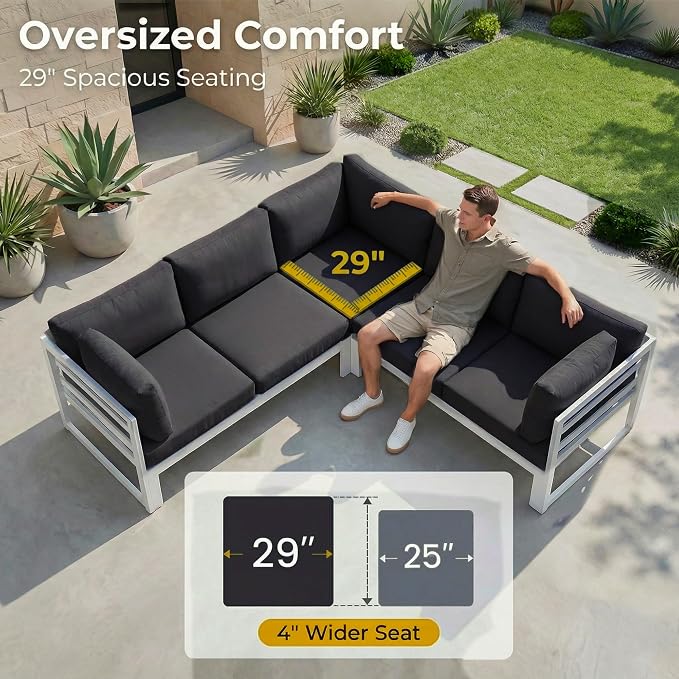 RADIATA 8 Seat Large Aluminum Patio Conversation Set with Lounge & Fire Pit Table, 29" Deep Wide Seat, High End Modular Sectional Seating, 500 lbs Heavy Duty Anti-Rust Outdoor Sofa for Poolside, Black