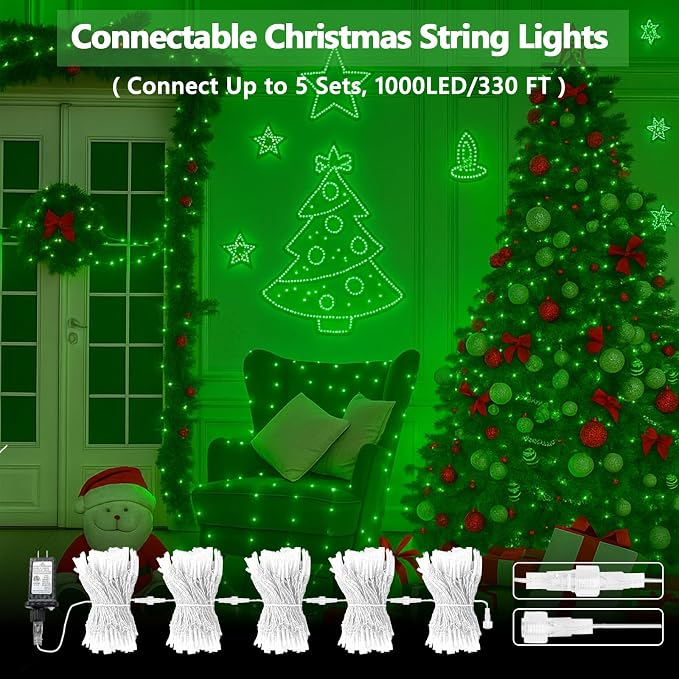 200 LED Connectable String Lights, 66FT Christmas Lights Outdoor Indoor | Green, 13 Modes, Timer, Clear Wire Waterproof Twinkle Fairy Lights Plug in for Bedroom Classroom Patio Xmas Tree Decor
