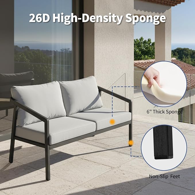 Outdoor Patio Loveseat Sofa, Aluminum 2-Seater Conversation Set with Washable Thick Cushions, Never-Rust Modern Garden Couch Bench for Porch, Poolside, Backyard (Black+Grey)