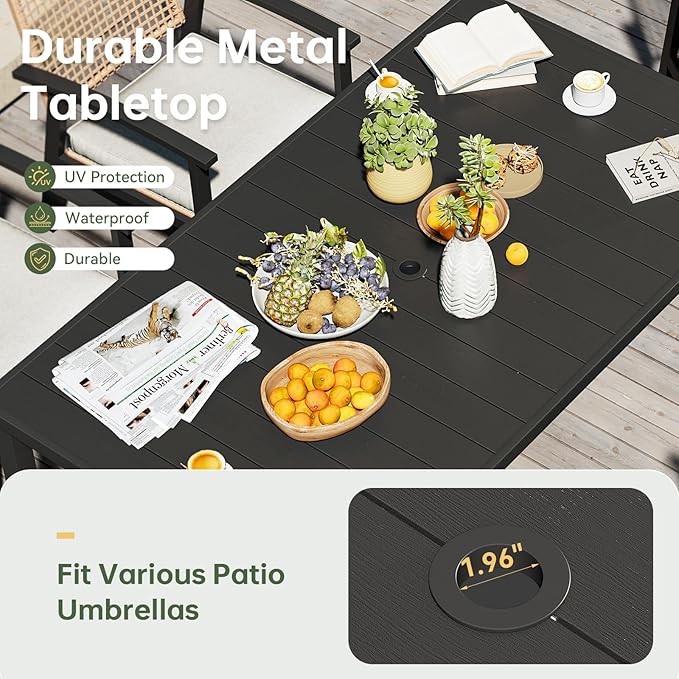 Aoxun 7-Piece Patio Table and Chairs Set for 6 with Umbrella Hole, Outdoor Dining Set with 6 Wicker Chairs and 1 Rectangular Metal Table, Patio Dining Sets with Soft Cushion for Backyard, Garden