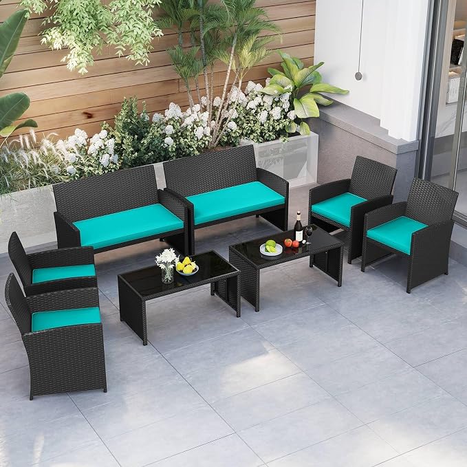 RELAX4LIFE 8-Piece Patio Furniture Set - Wicker Rattan Outdoor Sectional Sofa Set w/Glass Coffee Table, Loveseat, Chairs & Soft Cushions, Bistro Conversation for Garden Porch (2, Black-Turquoise)