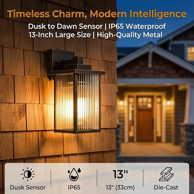 13" Black Brush Gold Dusk to Dawn Wall-Mounted Porch Light | Auto On and Off, Anti-Rust Metal Frame, Tempered Glass, E26 Socket, Easy DIY Install on Porch, Garage