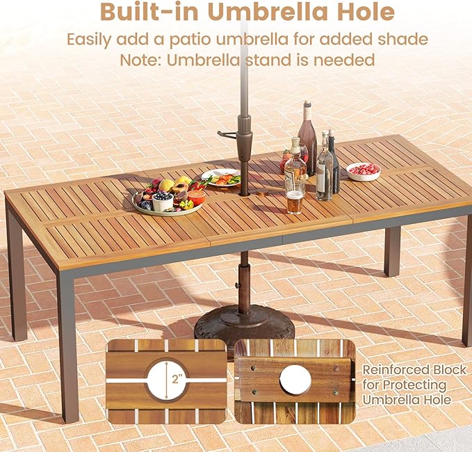 RELAX4LIFE Patio Outdoor Dining Table for 8, 79’’ x 35.5’’ Acacia Wood Rectangular Table w/Slatted Top, Umbrella Hole & Metal Legs, Indoor Outdoor Picnic Bistro Table, 8-Person Patio Dining Table