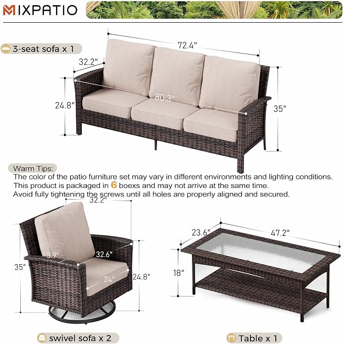 MIXPATIO 4-Piece Wicker Patio Furniture Set with Swivel Chairs, High Back Outdoor Sofa with 5.5-inch Thick Cushion, All-Weather Patio Table and Chairs Set for Deck Yard Pool, Beige