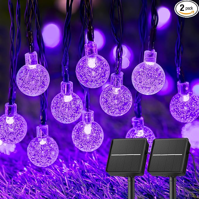 Purple Solar Lights Outdoor Waterproof, 2-Pack 120 LED 72 FT Total, Halloween Globe Lights for Garden Yard Wedding Christmas Party Decor (Purple)