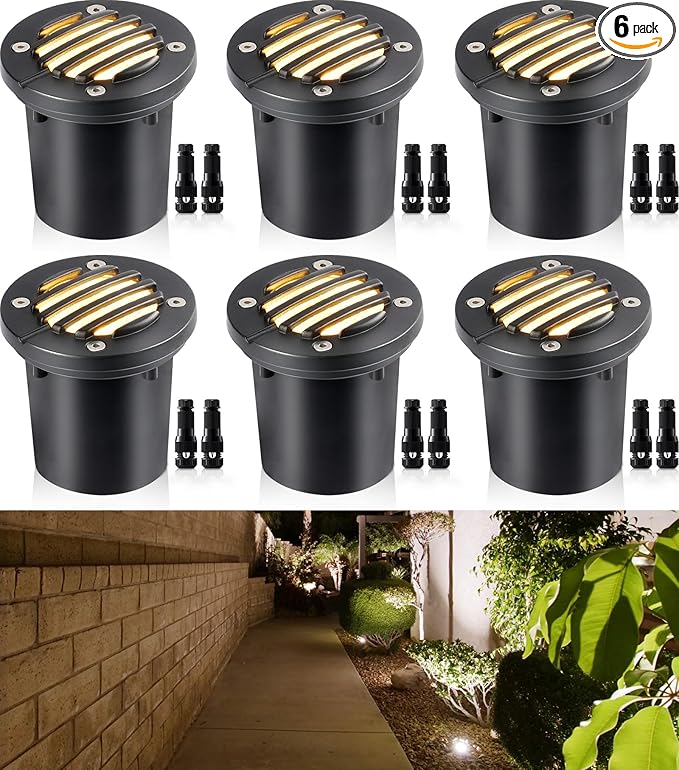 SUNVIE 6-Pack 12W 3000K LED Low Voltage Landscape Well Lights, Grated Top | 12-24V AC/DC, Waterproof, Anti-Glare, Die-Cast Aluminum In-Ground Lights for Pathway Garden Yard, Connectors Included