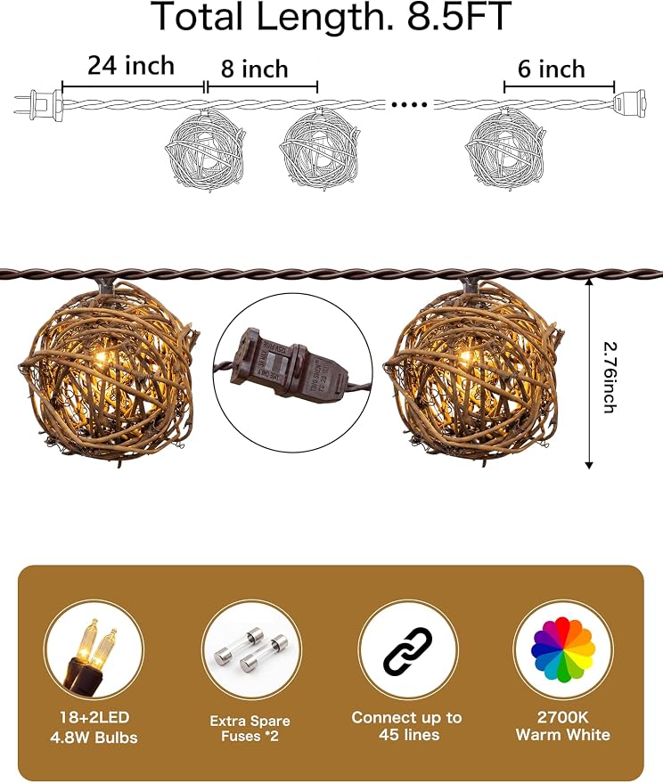 Rattan Ball String Lights, Handmade Boho Wicker Vine Lantern Lights with 10 LED Bulbs, 8.5FT Connectable Indoor Outdoor String Light Plug in for Bedroom X-mas Wedding Garden Party Decor