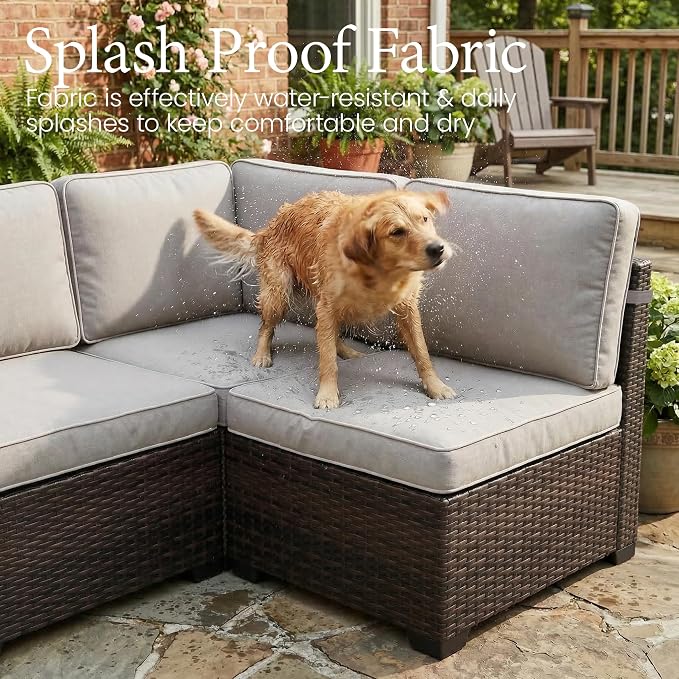 LayinSun 7 Pieces Outdoor Patio Furniture Set with 44" Fire Pit Table Brown Rattan Sectional Sofa Conversation Sets