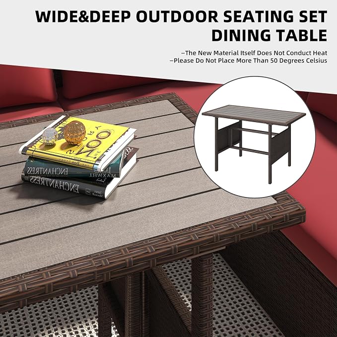 AECOJOY Outdoor Patio Furniture Set, 7 Pieces Clearance Sectional Rattan Dining Table&Chairs, All Weather Wicker Conversation Sofa Couch with Ottoman, Wine Red Cushions&Brown Rattan