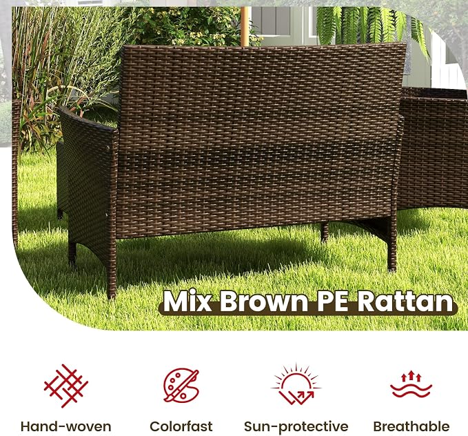RELAX4LIFE 4-Piece Patio Furniture Set - Rattan Outdoor Conversation Bistro Set w/Cushions, Glass Coffee Table, Wicker Chairs & Loveseat for Garden Backyard Porch, Balcony Furniture Set (1, Red)