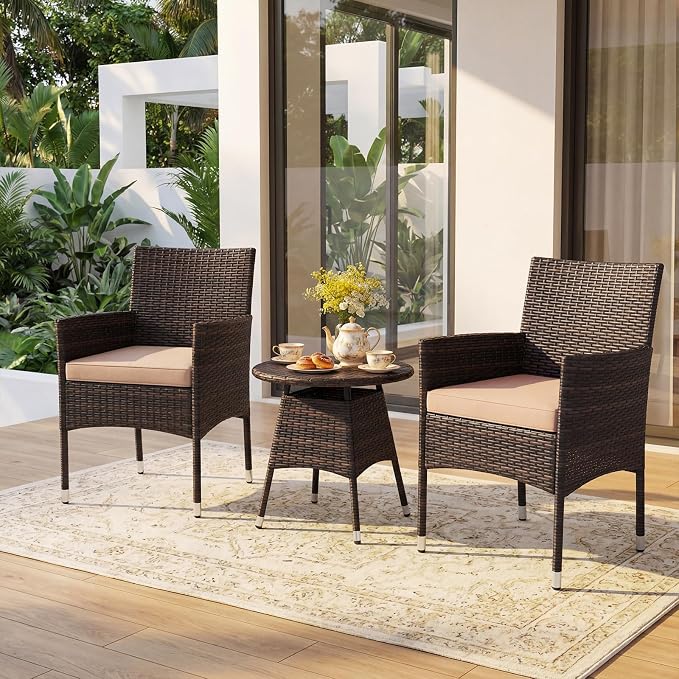 Tangkula 3 Piece Patio Furniture Set, Hand-Woven PE Wicker Conversation Set with Contoured Armchairs, Cushions & Round Coffee Table, Outside Bistro Set for Porch, Backyard, Balcony & Poolside (Beige)