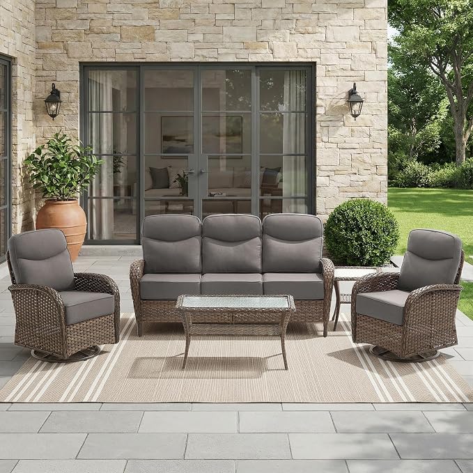 HUMMUH 5-Piece Patio Furniture Set with 6" Thick Cushion High Back Outdoor Swivel Rocker Chairs,3-Seater Sofa,Coffee Table & Ottomans,Wicker Outdoor Conversation Set for Deck, Porch,Poolside