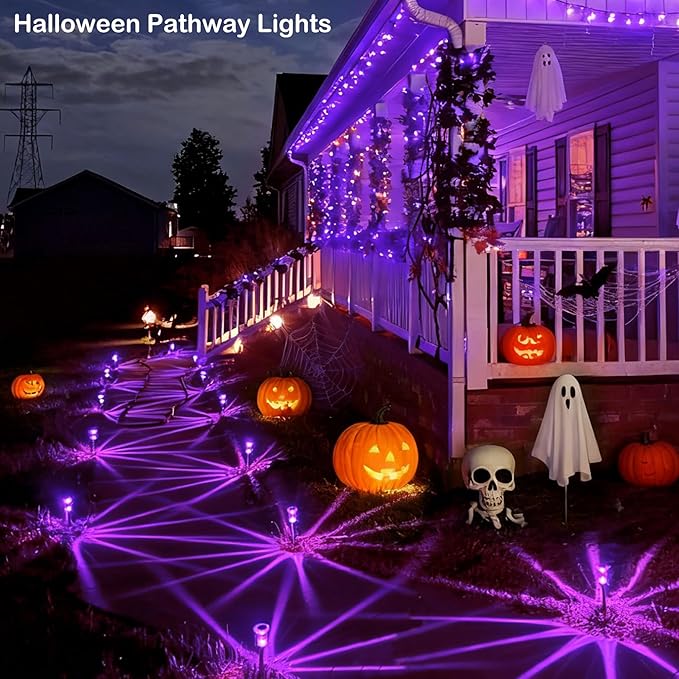 Halloween Solar Lights Outdoor 10 Pack LED Purple Pathway Lights | Waterproof Halloween Decorations Outdoor for Yard Garden Walkway Outside Driveway Landscape Path, Auto On/Off, Spike Pattern