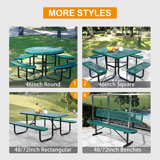 46-Inch Square Metal Outdoor Picnic Table – Commercial Heavy-Duty Steel Dining Table with Thermoplastic Coating, Weather & Rust Resistant, Ideal for Patio, Outside, Garden, Schools(Green)