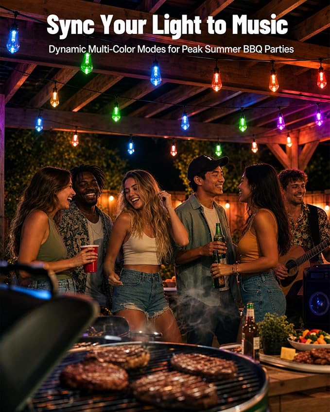 27FT RGBW Outdoor String Lights 24V Dimmable Patio | IP65 Waterproof, 200+ Dynamic Modes, Music Sync, App & Remote Control, Zip Ties Included, Weatherproof -4°F to 158°F