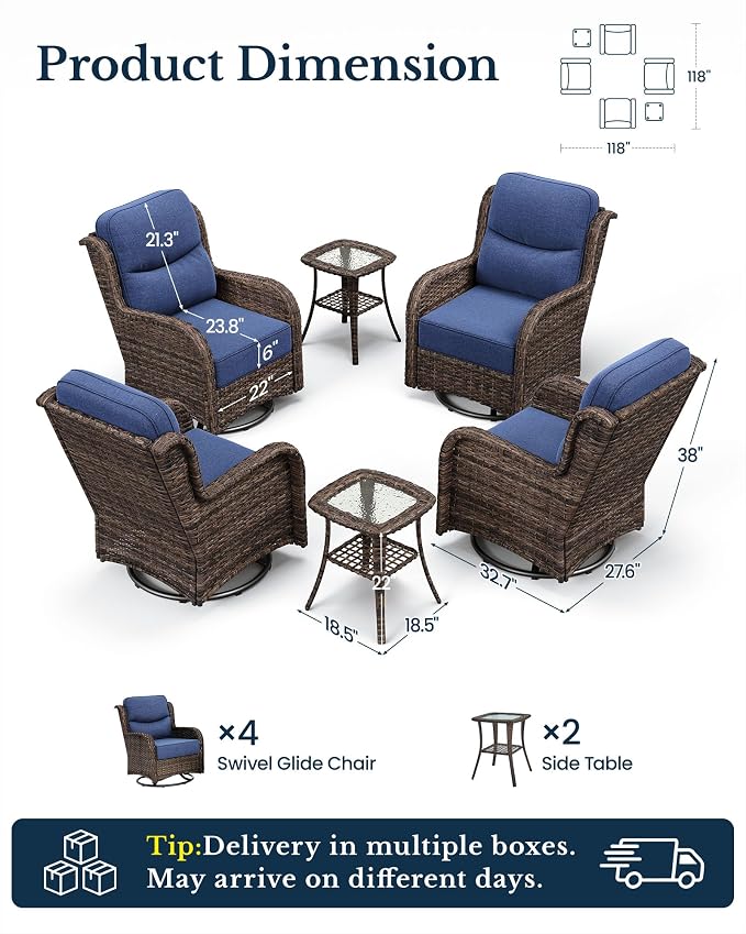 HILLGA 6-Piece Luxury Patio Furniture Set with 6" Thick Cushions, Weather-Resistant Wicker High Back Swivel Rocker Chairs, Senior-Friendly Conversation Set for Small Porch, Deck and Sunroom, Blue(V2)