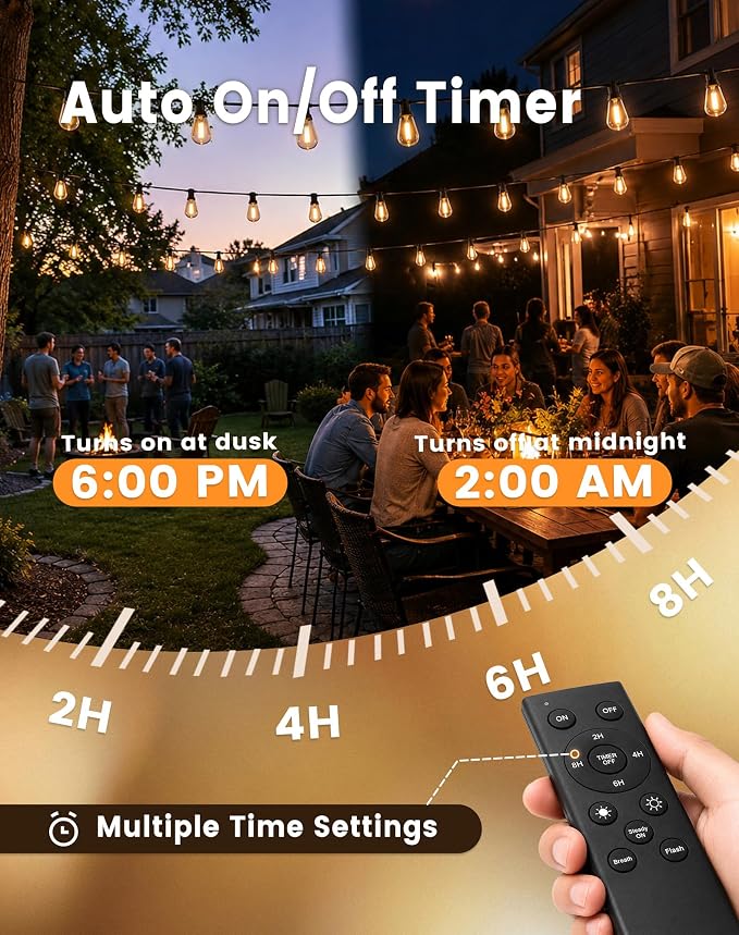 110FT(100+10) Outdoor LED String Lights with 2FT Bulb Spacing, Waterproof, Shatterproof, Dimmable, Warm White, 3 Lighting Modes, Timer, Plug in Hanging Backyard Lights for Outside, Patio