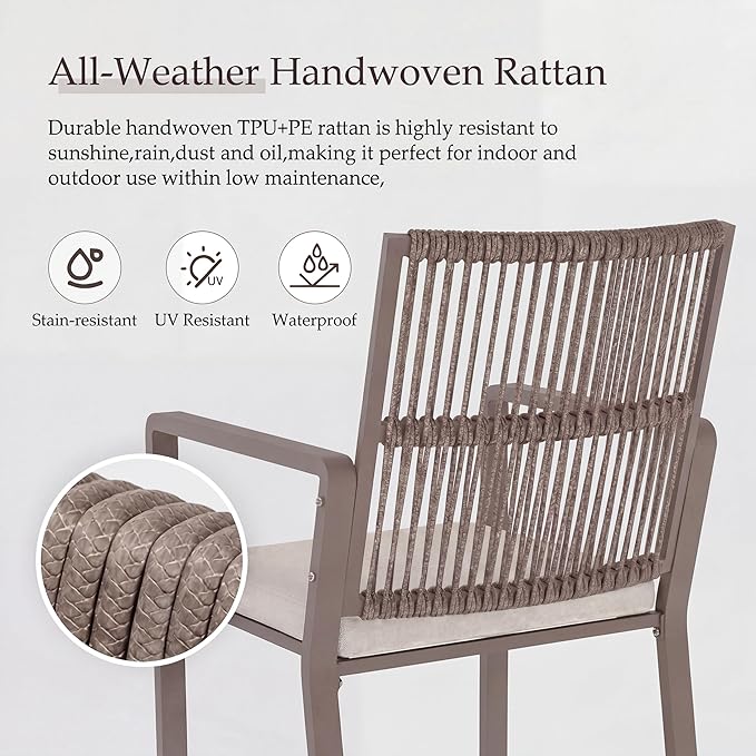 Outdoor Patio Wicker Rattan Dining Chairs, Heavy-Duty Wrought Iron Frame Supports 400lbs, Ergonomic Backrest, Detachable Breathable Cushion, for Garden & Porch, Light Brown, Set of 2