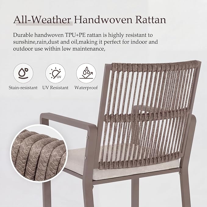 6 Pieces Outdoor Dinning Set Featuring 2 Aluminum Tables and 4 Iron Alloy Ratten Chairs Waterproof and Rust-Proof Courtyard Style Table Garden Balcony Poolside, Light Brown 6 Pcs