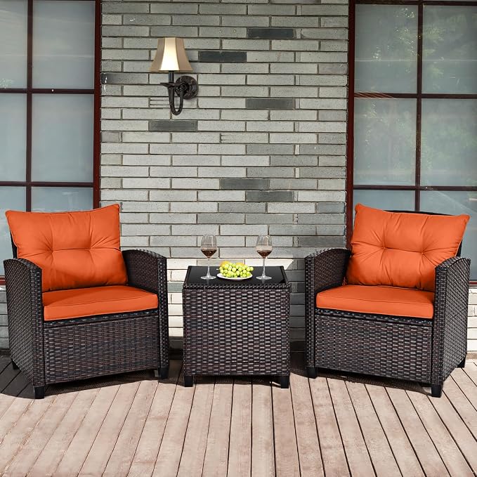 RELAX4LIFE 3 Piece Patio Furniture Set, Wicker Bistro Conversation Set w/2 Cushioned Armchairs & Glass Topped Table, Outdoor Rattan Sofa Set Patio Furniture for Porch Balcony Poolside (Orange)