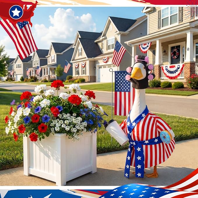 Shyyween Patriotic 4th of July Porch Goose Outfit 23 Inch American Lady Goose Statue Clothes Red White and Blue Bathrobe Coffee Cup Curlers 250th Anniversary Garden Lawn Decor