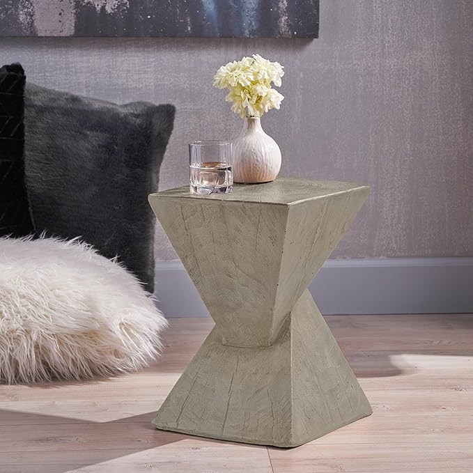 Merax Modern Concrete Side Table with Hourglass Design - Hand-Painted Wood Finish Accenttable for Indoor/Outdoor, Light Grey