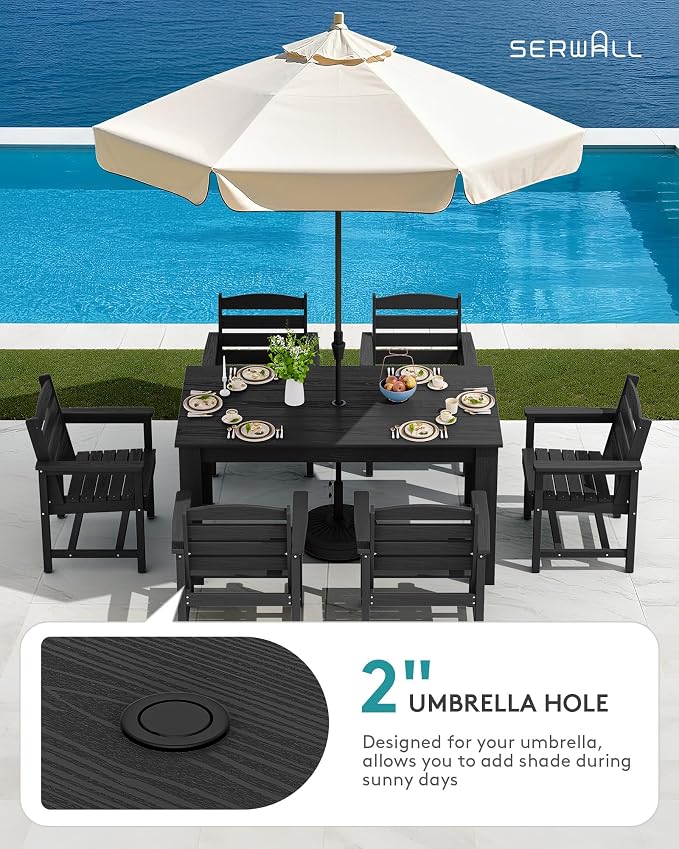 SERWALL 59" HDPE Outdoor Dining Set for 6, w/ 1 Table & 6 Armchairs, Black | All Weather Resistant HDPE Dining Sets for Patio, Garden, Backyard