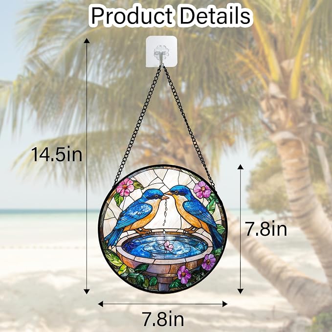 DASTOLL Stained Glass Window Hanging, 2 Blue Birds Suncatcher Diamond Glass Panel Hangings Bird Lover Sun Catchers Decor for Birthday for Women, Men, Wife, Aunt, and Mom 7.8 in