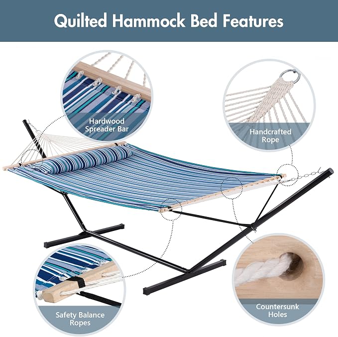 ANOW Double Hammock with Stand 12FT, Heavy Duty Hammock with Stand for Outdoors, 450 LBS Weight Capacity, Blue Stripes