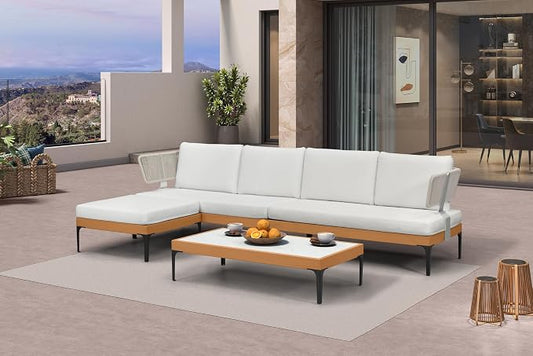PURPLE LEAF Patio Furniture Set Outdoor Sectional Sofa with Fade-Resistant Cushions Coffee Table Wicker L-Shaped 6 Pieces Aluminum Conversation Sets with Ottoman for Balcony Yard Poolside, White